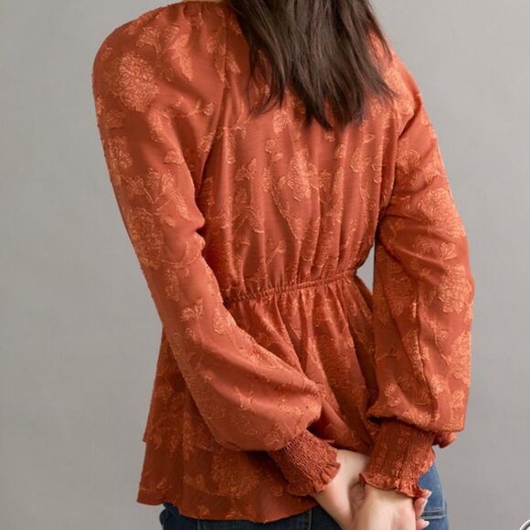 Women's Burnt Orange floral long sleeve blouse with tie front detail XS/S - Picture 2 of 7